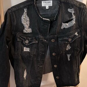 Frame Denim Black Distressed Jean Jacket